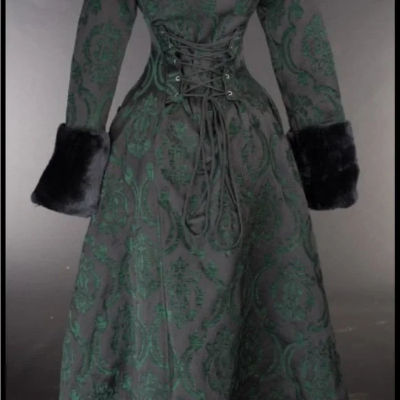 Black & green filigree brocade women’s coat with pockets.